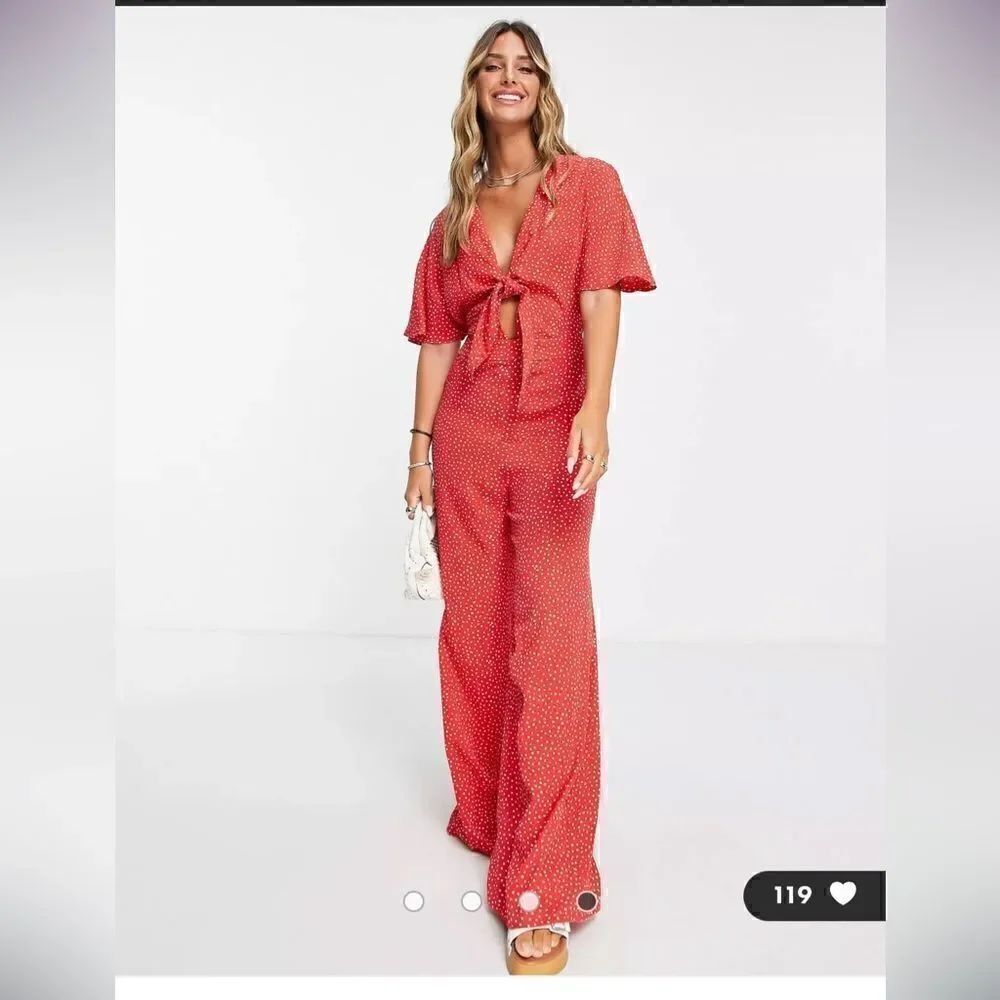 Mango Jumpsuit Medium Red Polka Dot Tie Front Wide Leg Short Sleeve